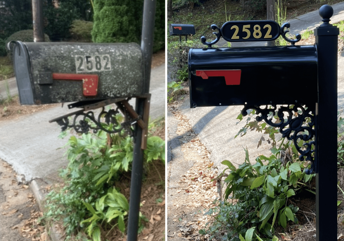 Before and after image of a mailbox that has been cleanred and maintained.